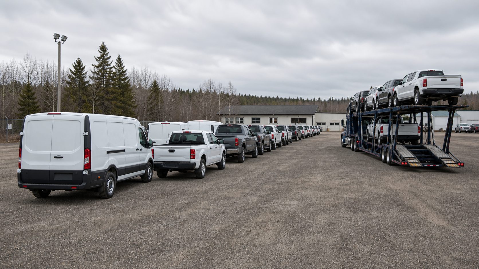 Fleet units staged and listed for transport for vehicle transport transport planning.