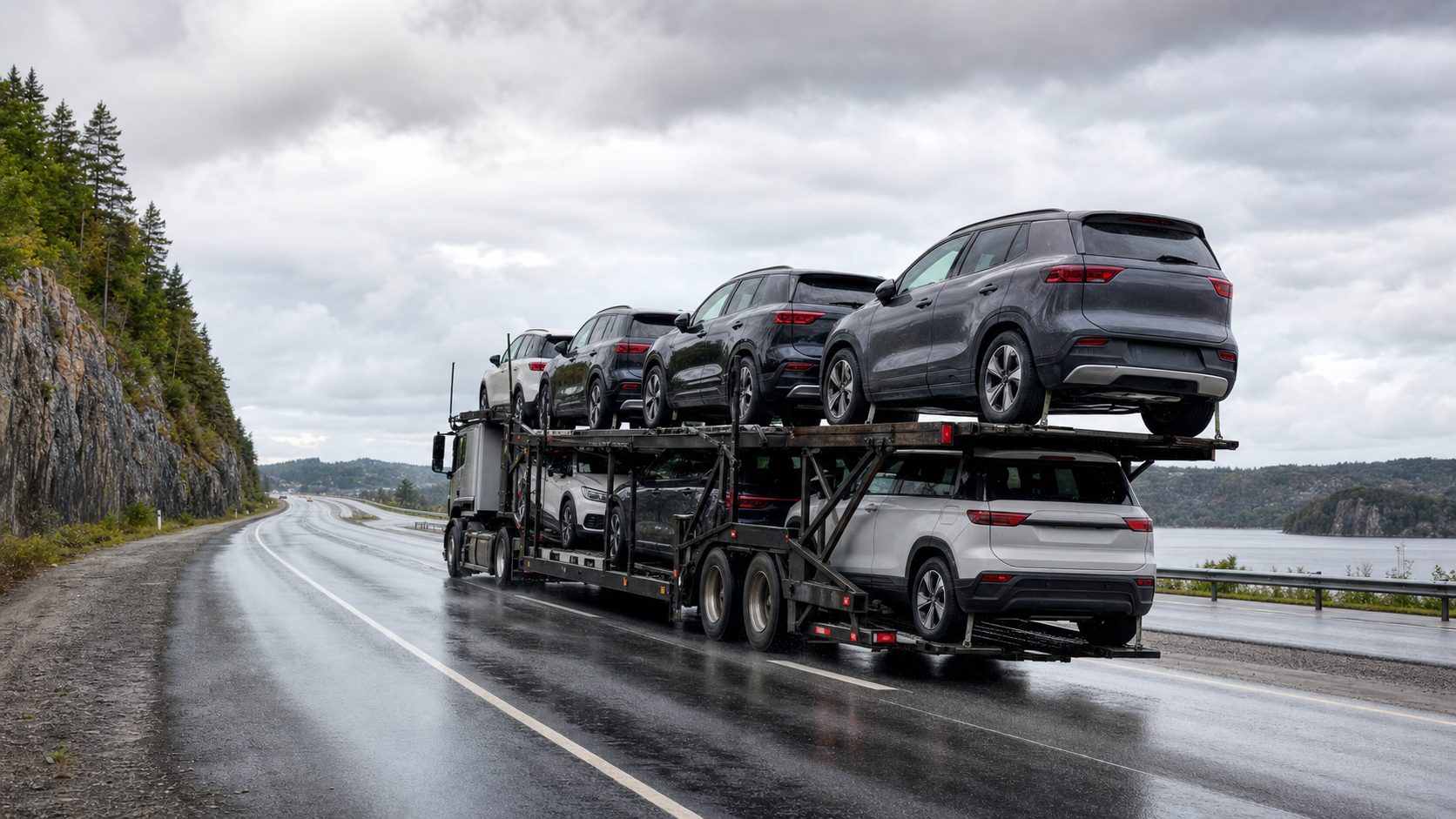 Vehicle transport underway with timing and route conditions in mind for vehicle transport transport planning.