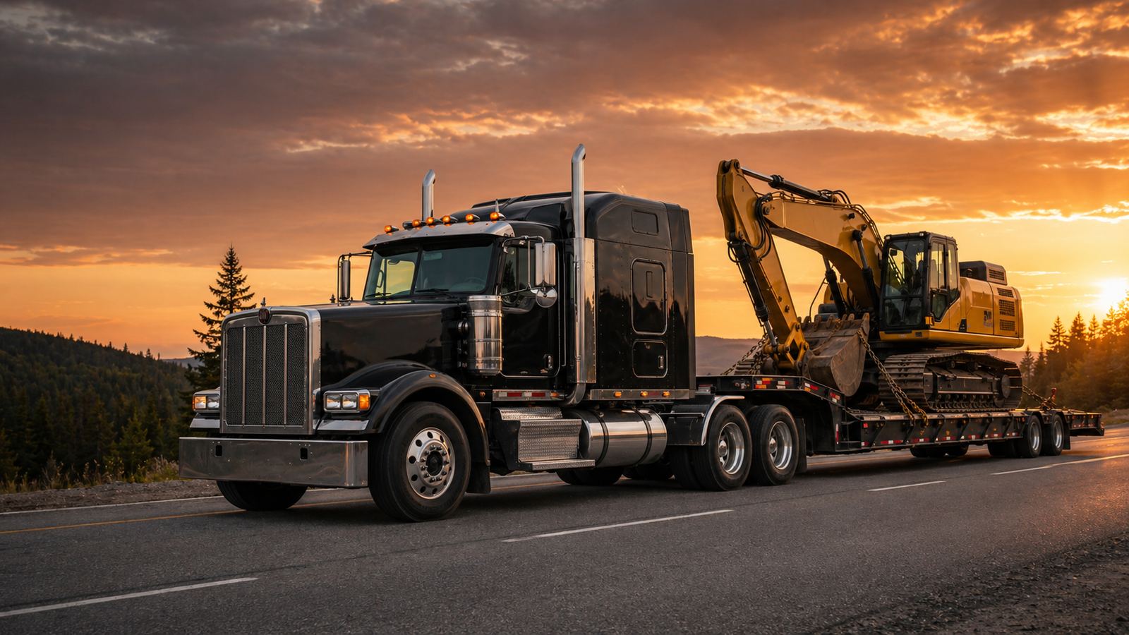Heavy haul truck with excavator on trailer